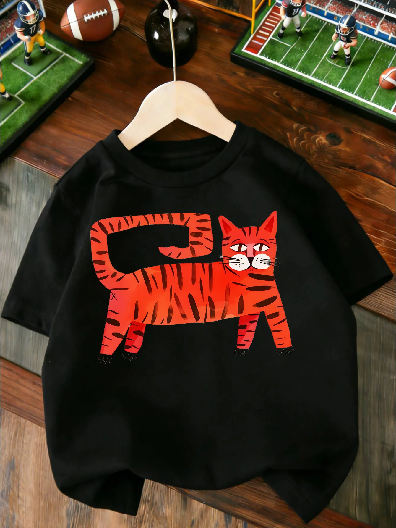 Abstract Retro Style Red Tabby Cat Cartoon Animal Graphic Print T Shirt Family Matching Boys Girls Kids Short Sleeve Daily Tees