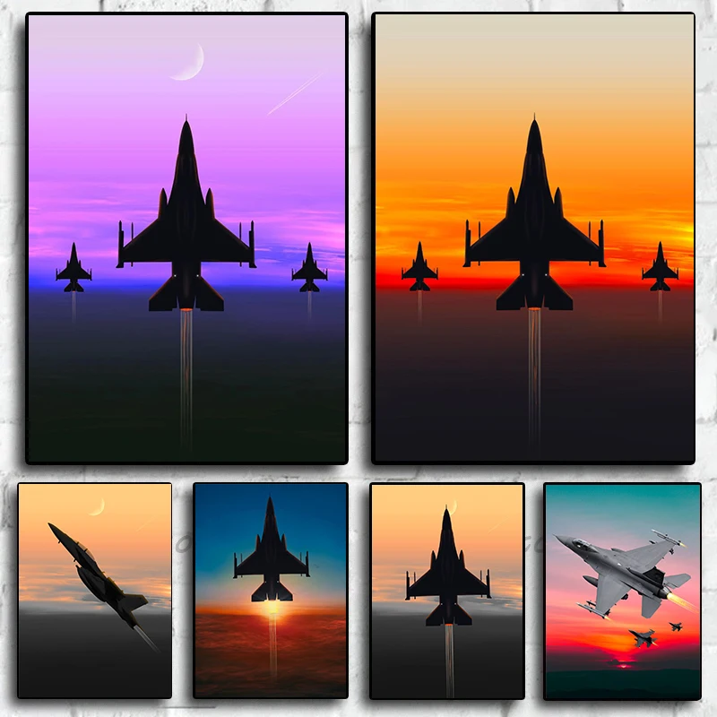 Various Types of Fighter Planes Air Force Jet Red Sun Posters and Canvas Printing Wall Art Picture for Living Room Home Decor