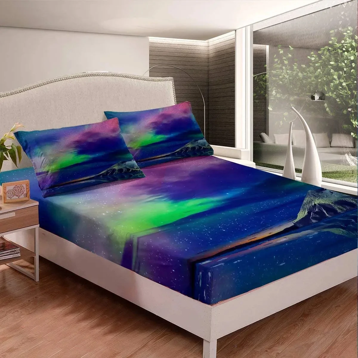 Aurora Fitted Sheet Purple Galaxy Starry Sky Cosmos Bedding Set for Adult Trippy Mysterious Outer Space Bottom Sheet Universe