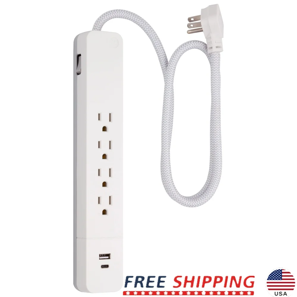 

Устройство защиты от перенапряжения с 4 розетками и портом USB-A Шнур длиной 3 фута Плоская вилка Защита от джоймов 1060 Автоматический выключатель для домашнего офиса