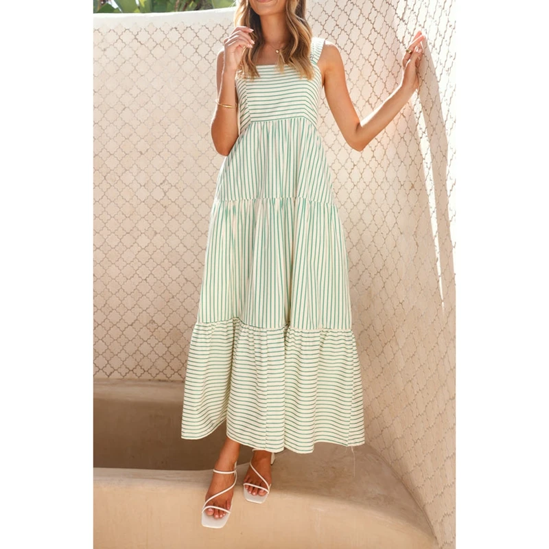 Combhasaki Donna Estate Senza Maniche Casual Stampa a Righe Smocked Orlo Increspato Flowy Party Beach Clubwear A-Line Canotta Abito Lungo