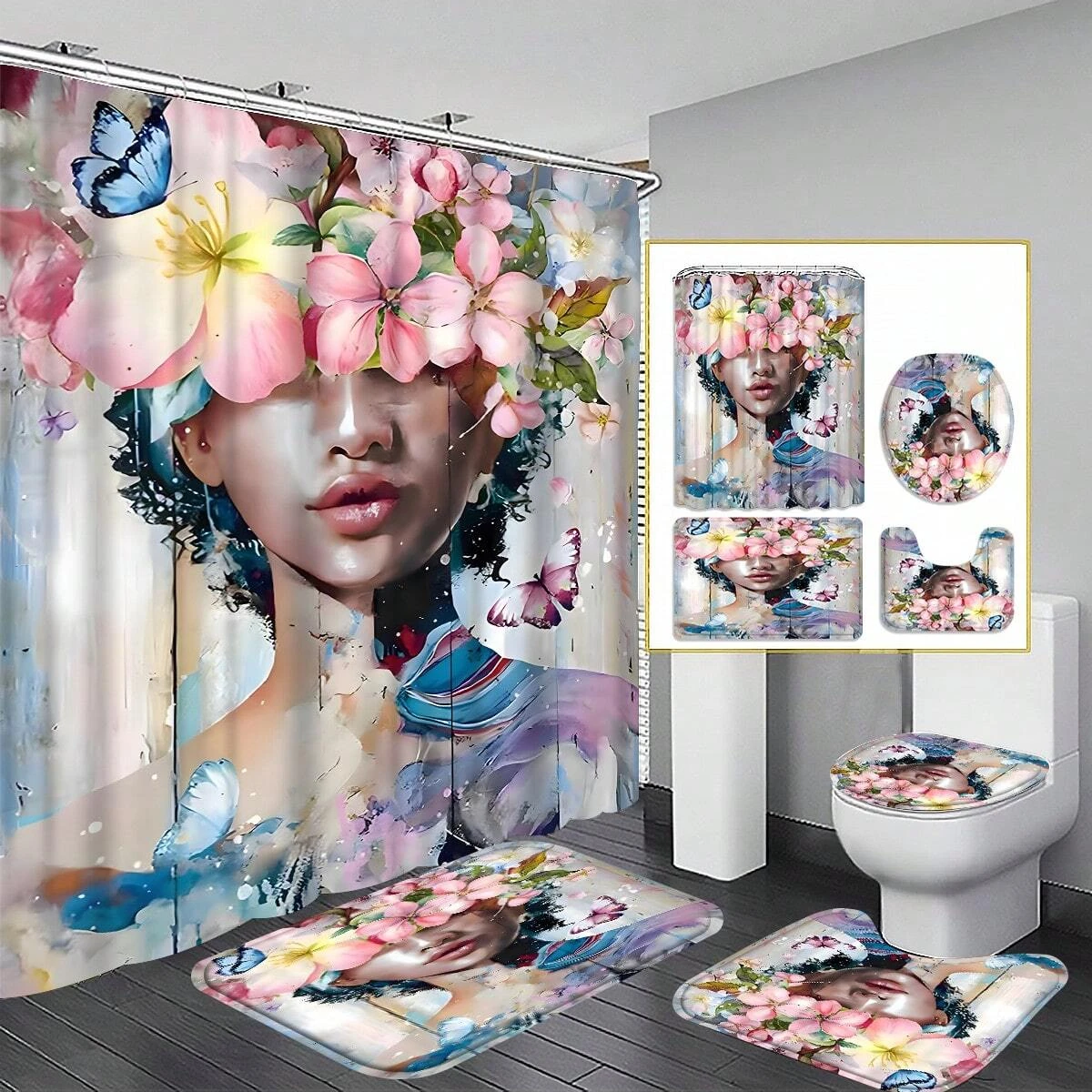 4pcs Bathroom Set, Floral Girl Pattern Waterproof Fabric Shower Curtain With 12 Hooks, Non-Slip Bathroom Rug, Bathroom Decor