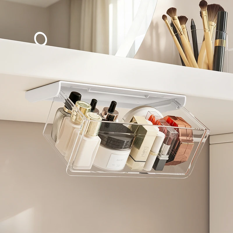 Transparent Under Desk Hanging Drawer Hidden Storage Box Multipurpose Organizer For Bathroom Vanity Cabinet Sundries