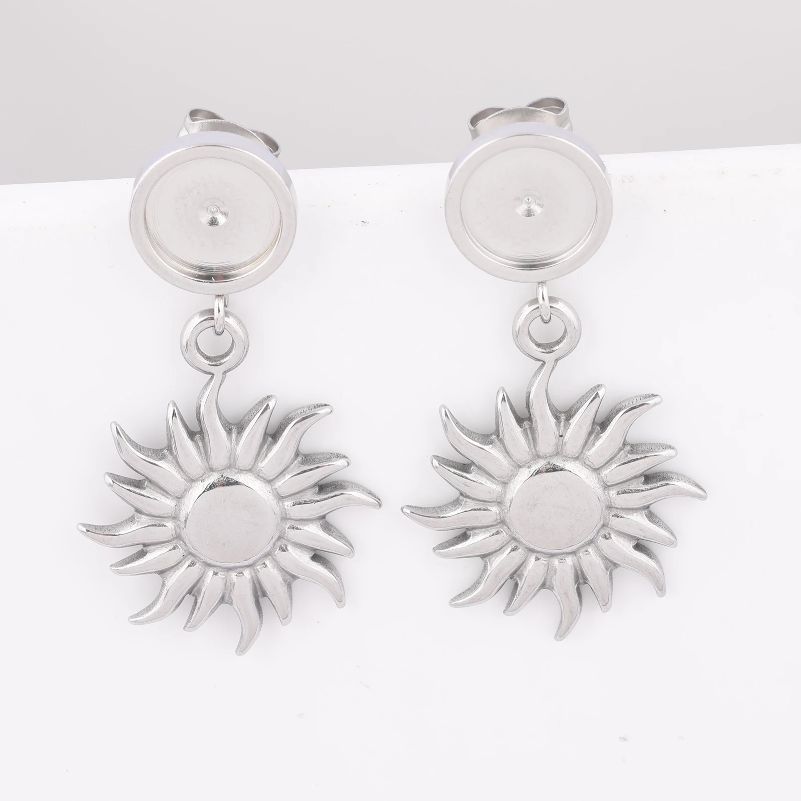 6pcs Stainless Steel Fit 8mm Cabochon Earring Base Blanks Studs With Circle Sun Charms Diy Post Earrings Bezel Findings