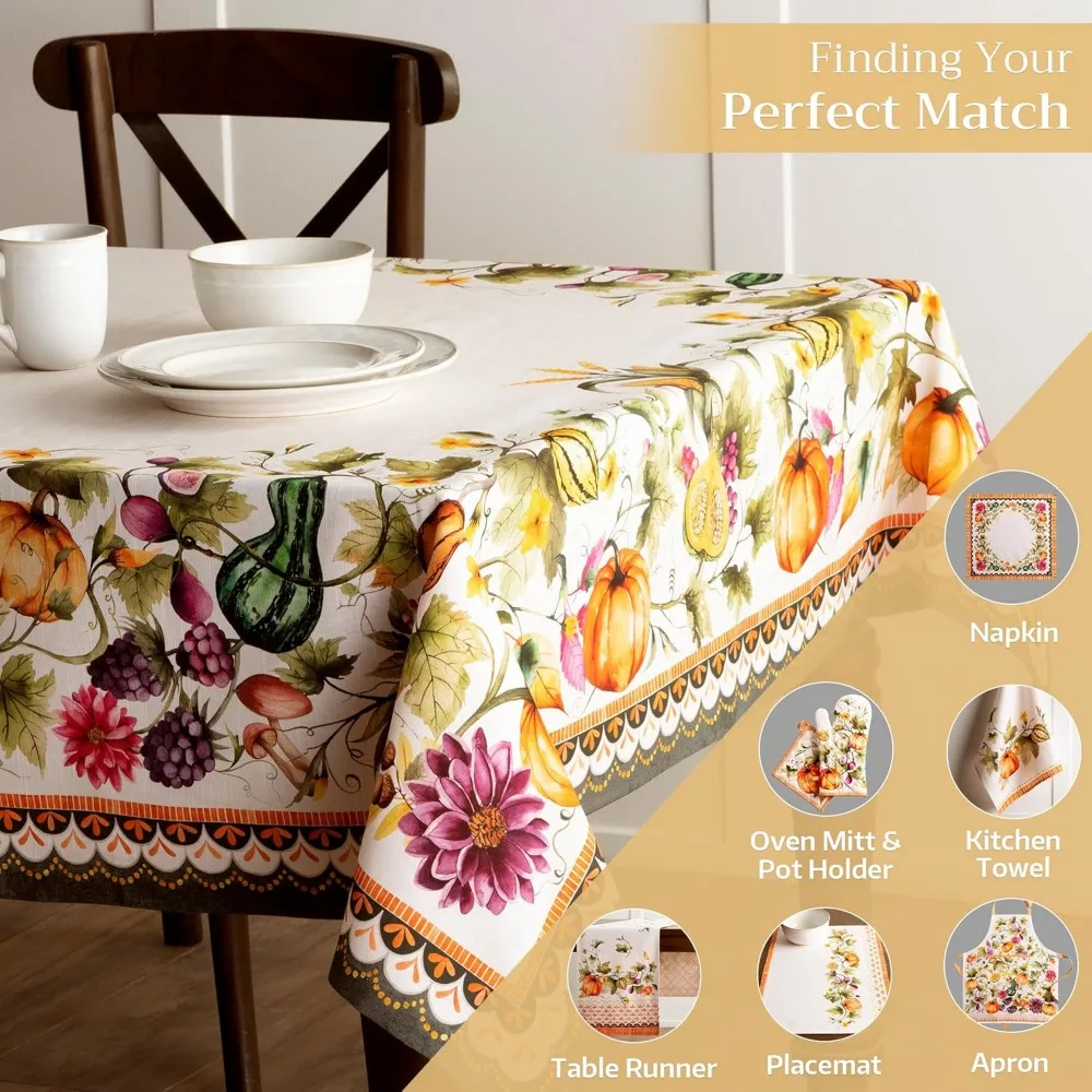 Cotton Rectangle Tablecloth 100% Cotton 60x120 Inches for Fall, Thanksgiving, Reusable Everyday Table Cover