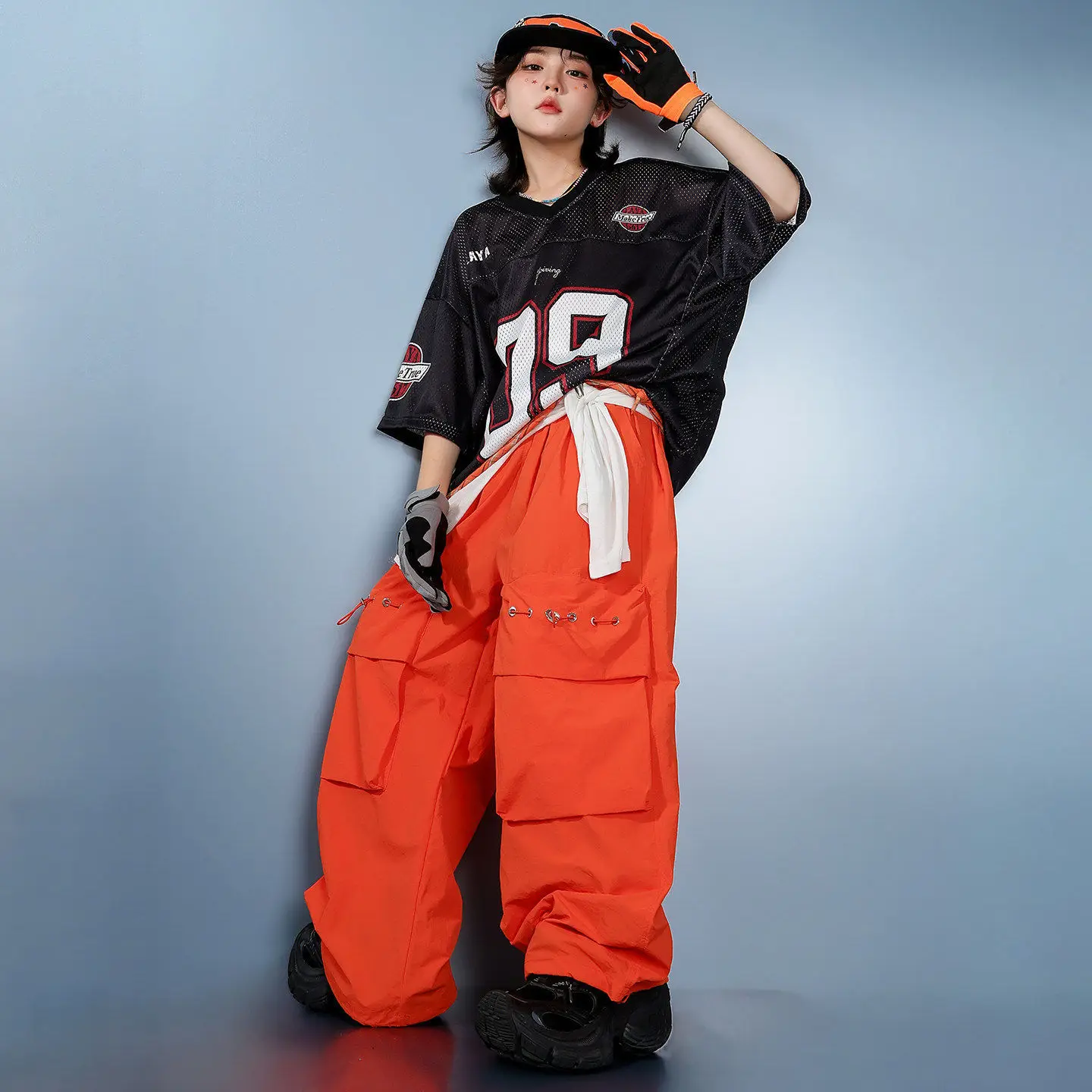 Fashion Jazz Dance Costumes For Girls Loose Tops Orange Pants Suit Modern Street Dance Wear Hip Hop Dance Stage Wear