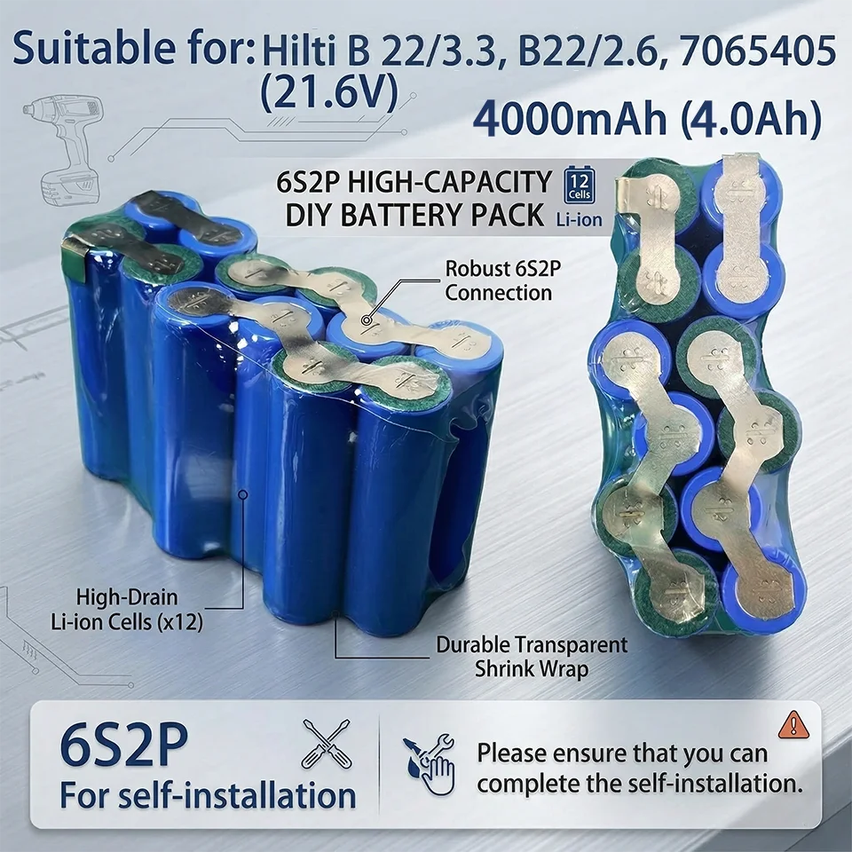

For Hilti 21.6V 18650 6S2P True 4000mAh DIY Replacement Li-ion Tool Battery Core CPC B18 B22 1800-A22 SID 22-A SFH 22-A