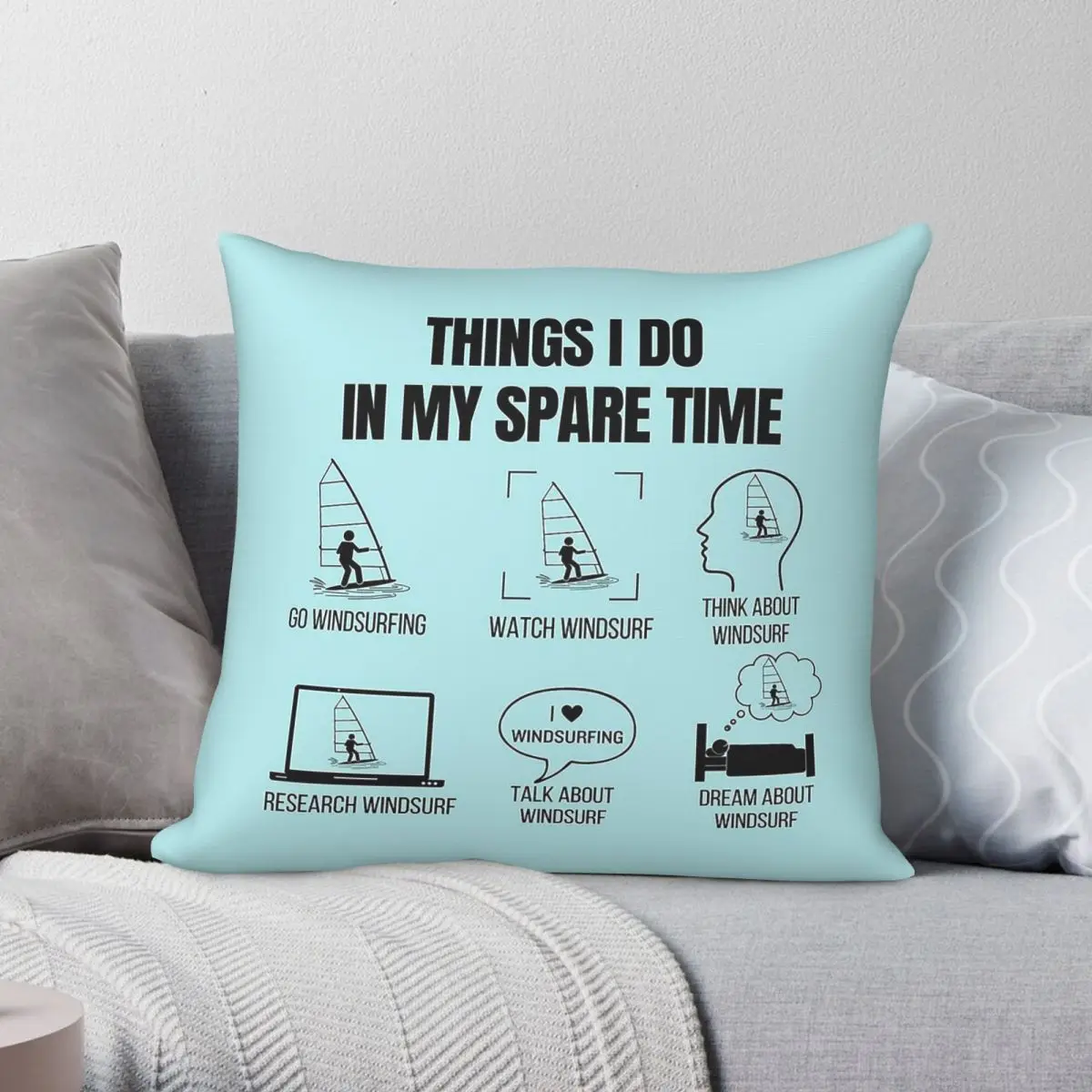 Spare Time Windsurfing Enthusiast Square Pillowcase Polyester Linen Velvet Creative Zip Decor Throw Pillow Case Car