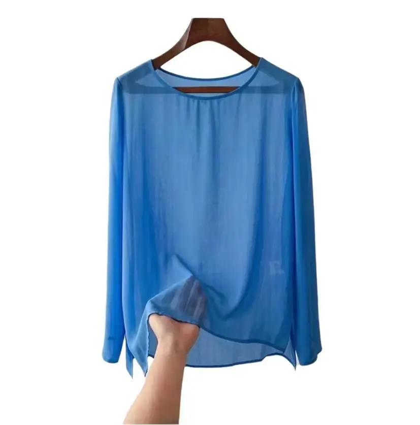 Camisa de chiffon leve para mulheres, primavera/verão, cor vibrante, simples, elegante, transparente, tamanho grande.