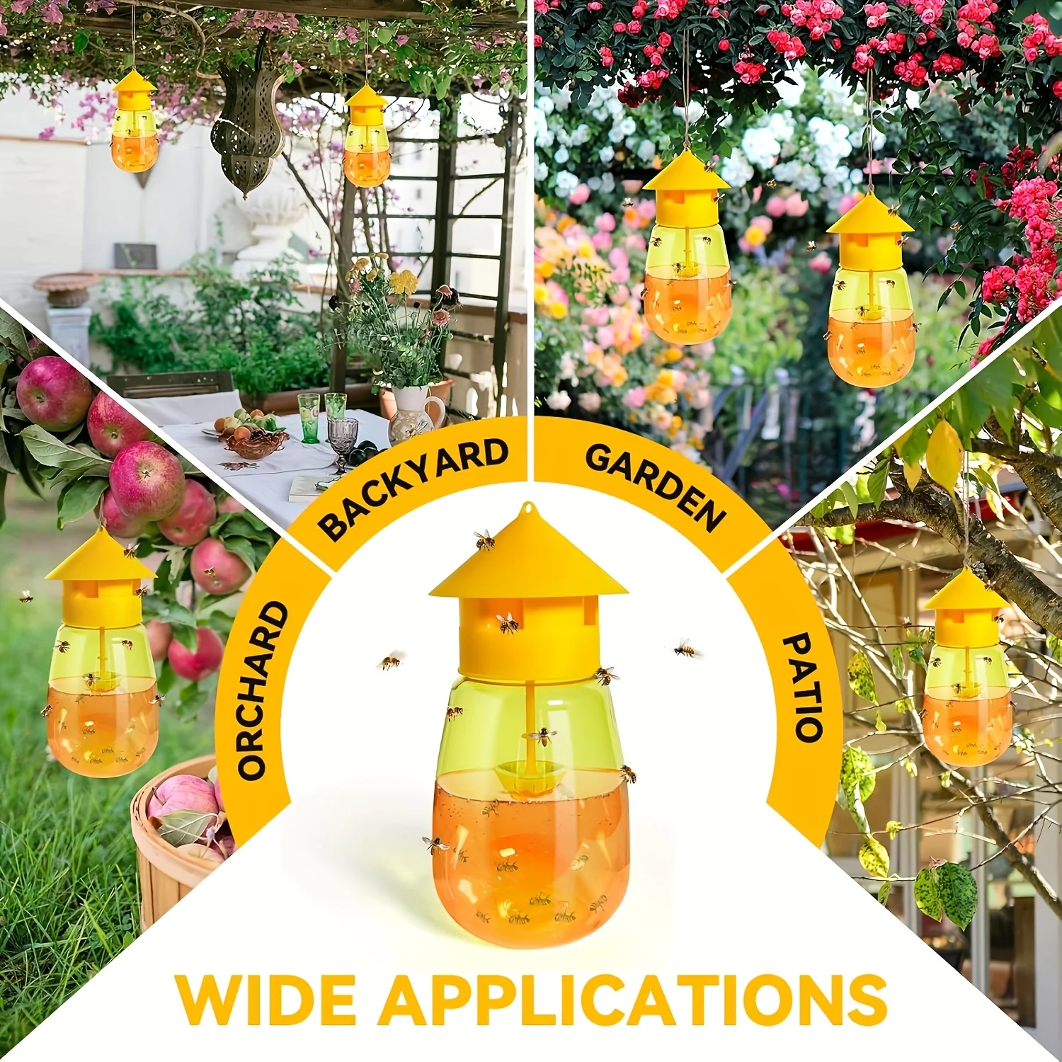 10er-Pack große Fruchtfliegen- und Wespenfallen – wiederverwendbare Outdoor-Hängefallen mit gelber Abdeckung und perforiertem Design – Detail 6
