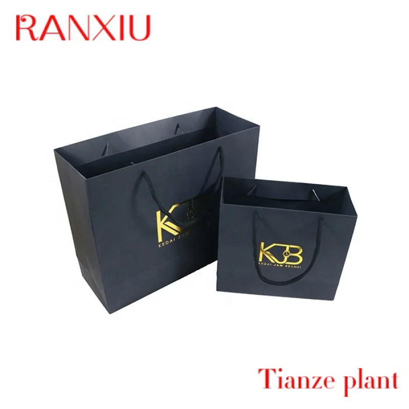 Custom Biodegradable luxury matte black shopping packaging paper bags with custom your own logo gift retail handbag ribbon handl