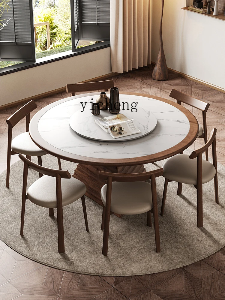 

TWR rock slab dining table wabi-sabi round table with turntable combination chair all solid wood round table