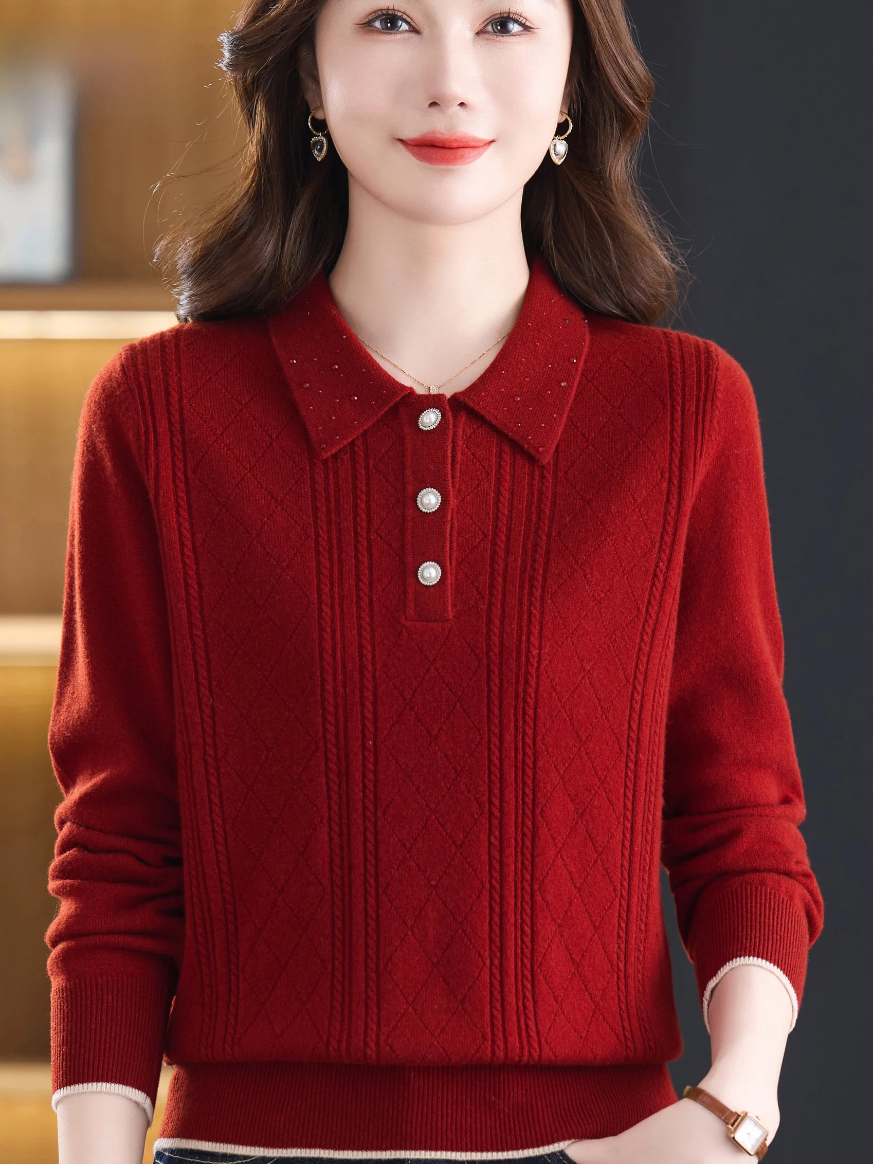 

Модный шерстяной вязаный свитер для женщин среднего возраста и ли с воротником Mommy Sle Boting irt со стразами.