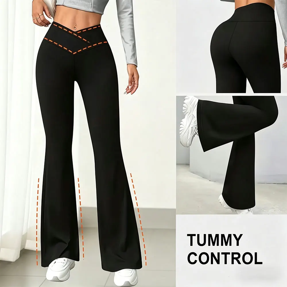 Cross Waist Yoga Flare Pants Solid Color Breathable Waist Cincher Butt Lifting Tummy Control Pants Spring Autumn  Daily Leggings