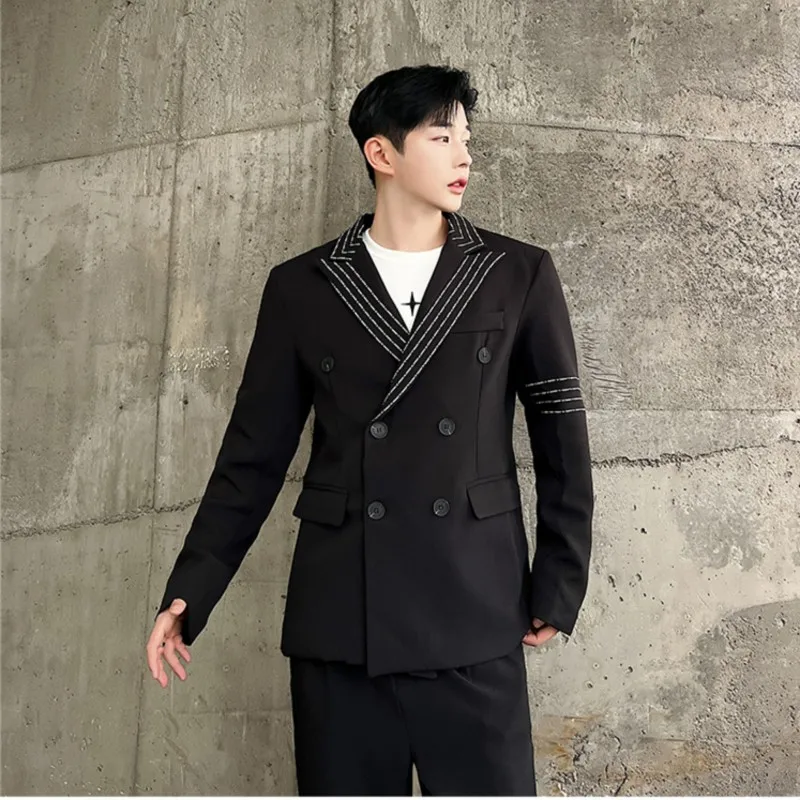 Chic Men's Black Blazer Jackets Double Breasted Embroidered Lines College Young Streetwear Clothing Casual Suit Coat