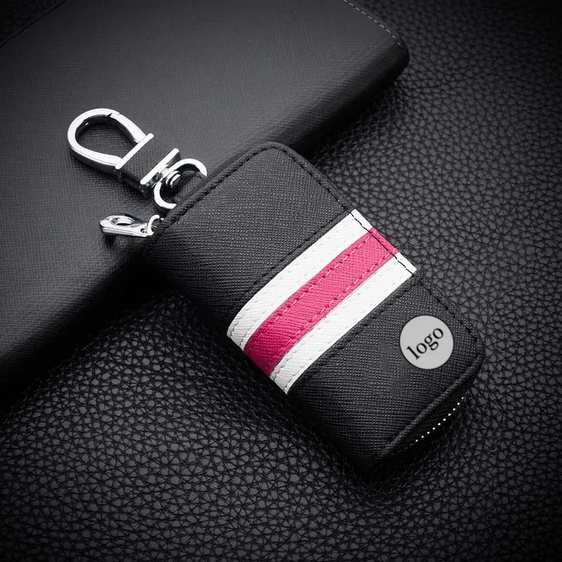 Fashion Colorful Stripes Leather Key Bag Universal Key Case for Car Keychain Men Women Key Wallet Mini Zipper Purse Key Holder