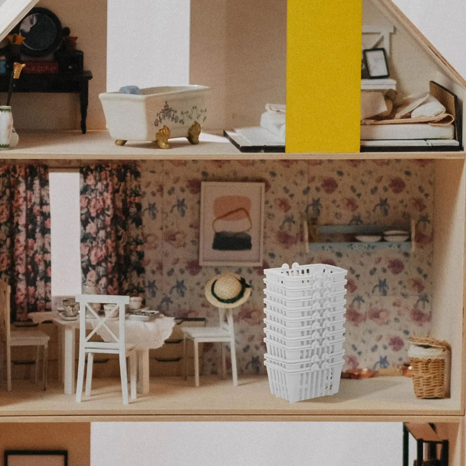 Cestino della spesa per casa delle bambole da 10 pezzi, mini accessori per bambini, cestini portaoggetti con manico, giocattolo per la spesa in lino