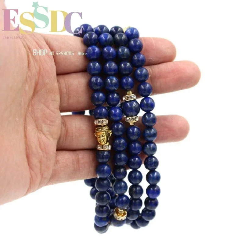 Hot Sale Buddhist 108 Mala Lapis Lazuli Beads or Necklace Wholesale Elastic Multi Strand Buddha Charm Prayer Bracelet
