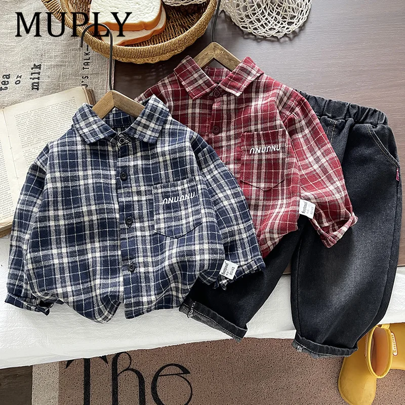 Boys Spring Autumn Plaid Shirt Set Long Sleeve Stylish 2 Piece Korean Style Children's Clothing Soft Cotton Pants And Shirt
