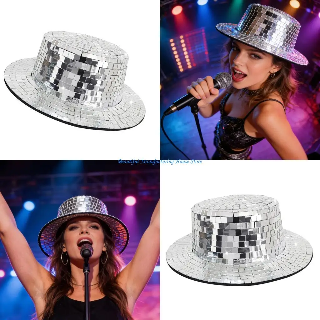 

E56A Popular Mirrored Hat Disco Fisherman Hat for Men Women Street Dance Event Wear