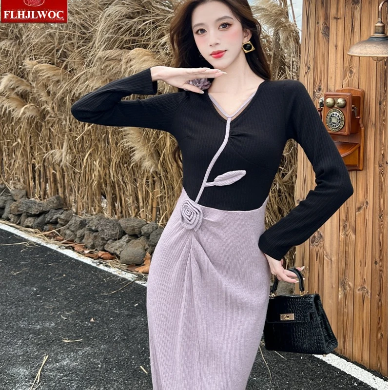 3D Flower Dresses New Year 2026 Spring Fashion Woman Long Sleeve Patchwork Purple Pencil Dress French Design Feminine Vestidos