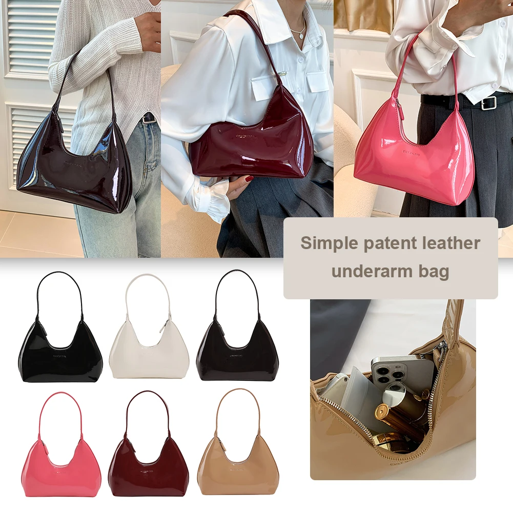Designer Retro Wine Red Shoulder Bags for Women\'s Patent Leather Fashion Crescent Bag 2024 New French Small Handbag Ladies Totes