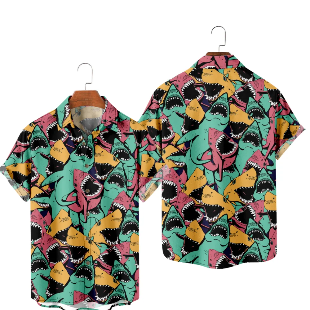 

Гавайские рубашки для мужчин Aloha, лоскутный дизайн с акулами, красочные топы с короткими рукавами и 3D принтом, летние уличные рубашки на пуговицах