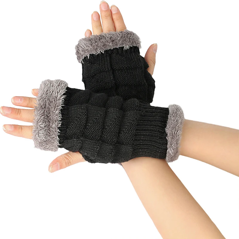 Velvet Thickened Gloves Knitted Yarn Sleeves Mao Mao Short Gloves Women Warm Autumn and Winter Short Style Wrist Guard Glove