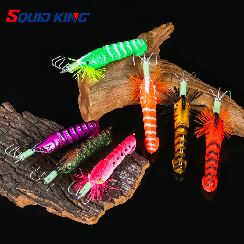 120MM/20G Squid Hook Wood Shrimp Lures Soft foot Jigs Lifelike Simulation Silicone Octopus Bait Fishing Tackle with sound