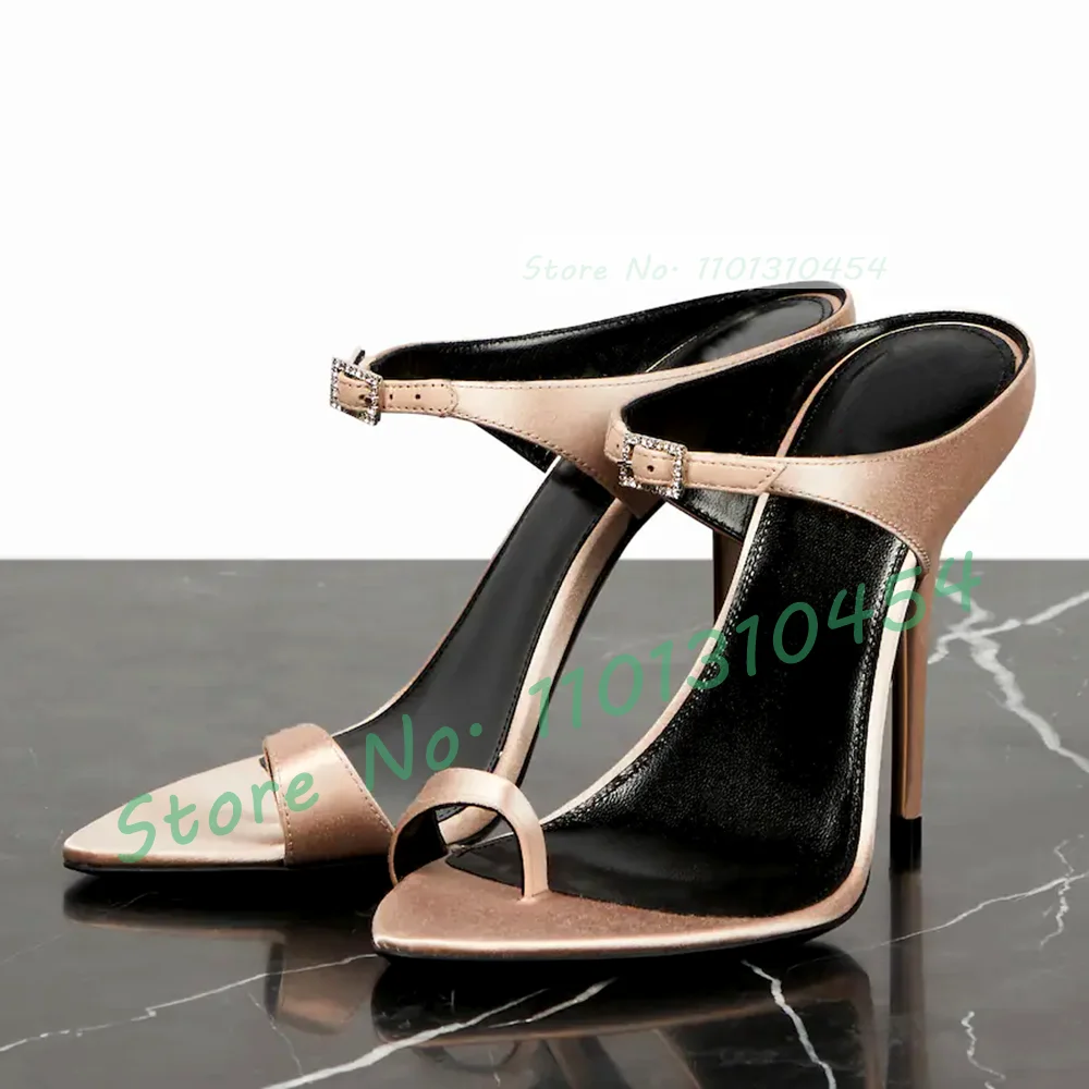 Toe Strap High Heels Slippers Women Sexy Crystal-buckle Ankle Strap Satin Mules Ladies Summer New In Party Open Pointy Toe Shoes