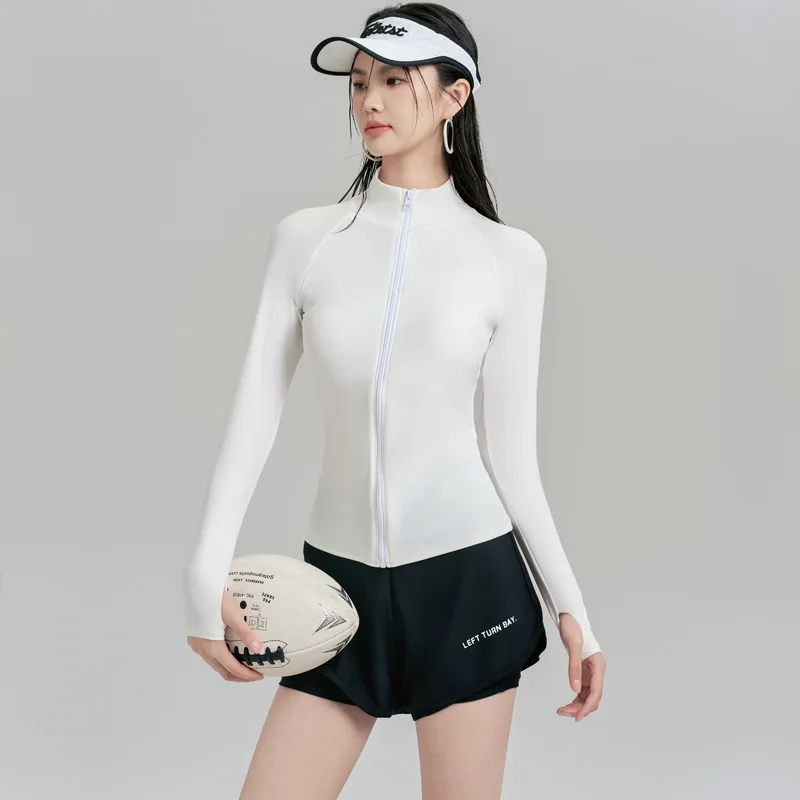 قميص سباحة نسائي مكون من قطعتين بأكمام طويلة مع حمالة صدر مدمجة، قميص سباحة مع شورت سفلي، ملابس رياضية مائية سريعة الجفاف #4