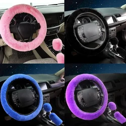 3pcs/Set Fur Fluffy Thick Auto Car Steering Wheel Plush Cover Soft Wool Winter Pink,Blue,Purple,Black For 38cm Steering Wheel