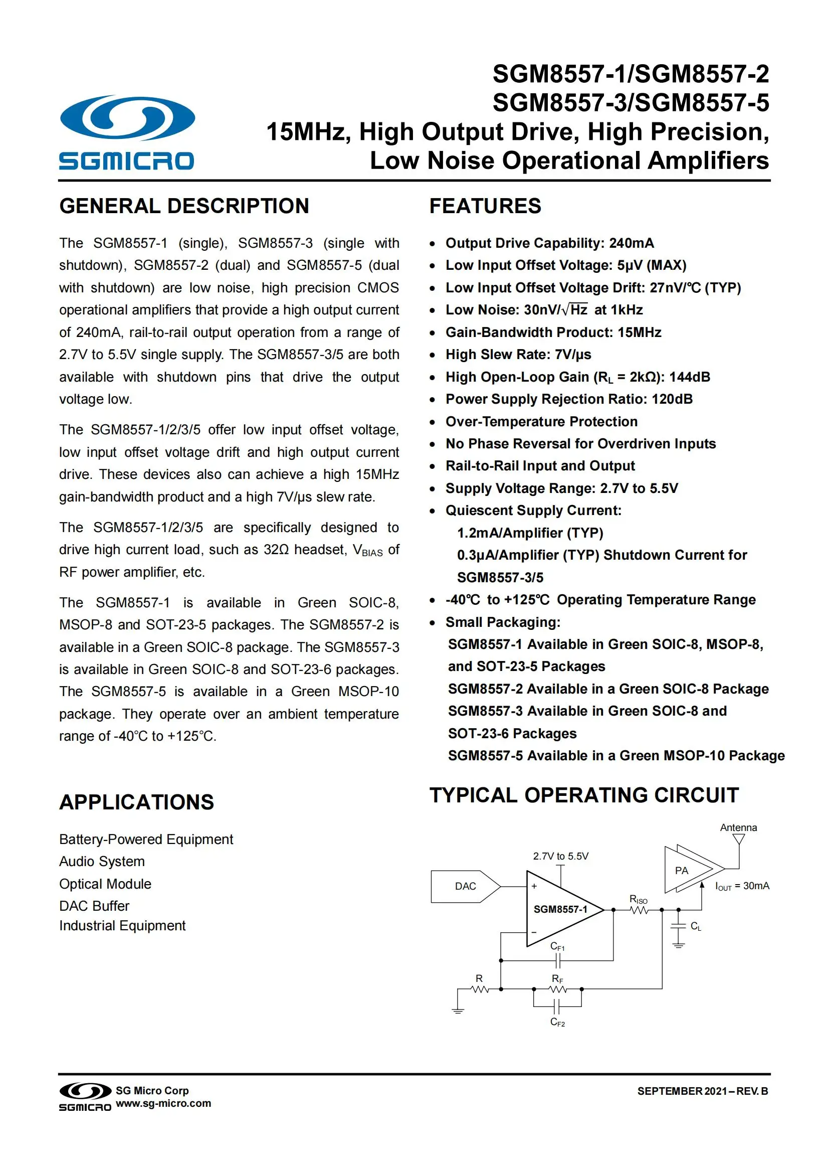 5Pcs/Lot SGMICRO SGM8557-3XS8G/TR SOIC-8 15MHz,High Output Drive,High Precision,Low Noise Operational Amplifier