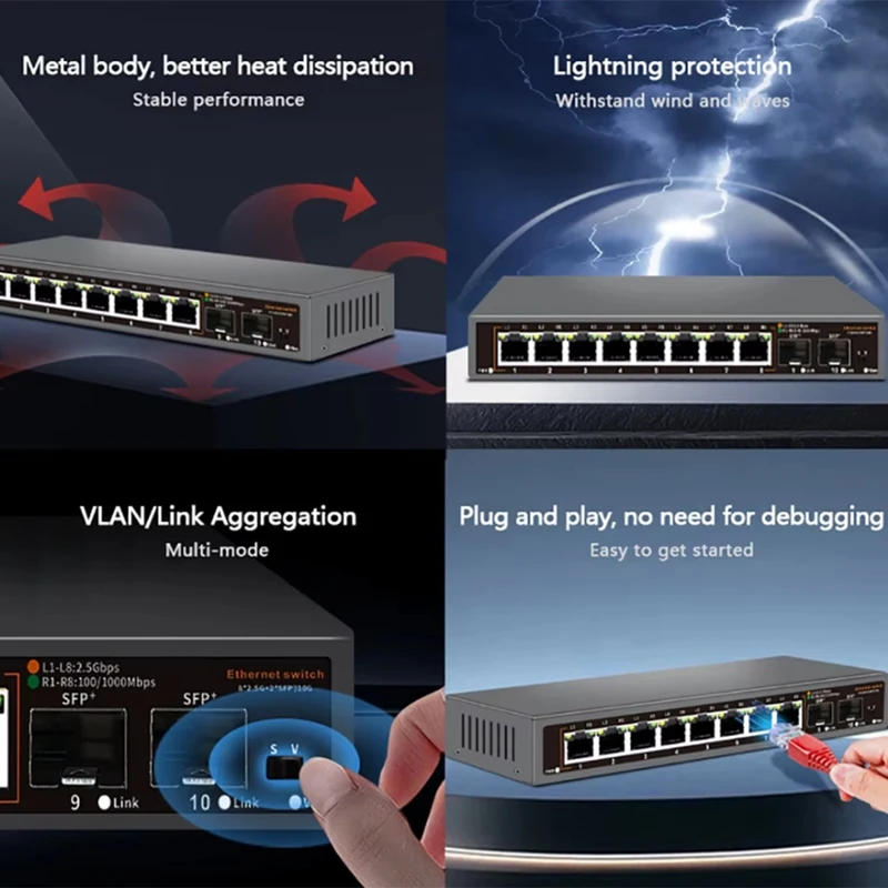 Y43A-2.5G 8 + 2 Port Sakelar Jaringan Ethernet 2500BASE-TX Switch dengan Port SFP 2X10g untuk Kamera IP/Keamanan CCTV (Colokan UE)