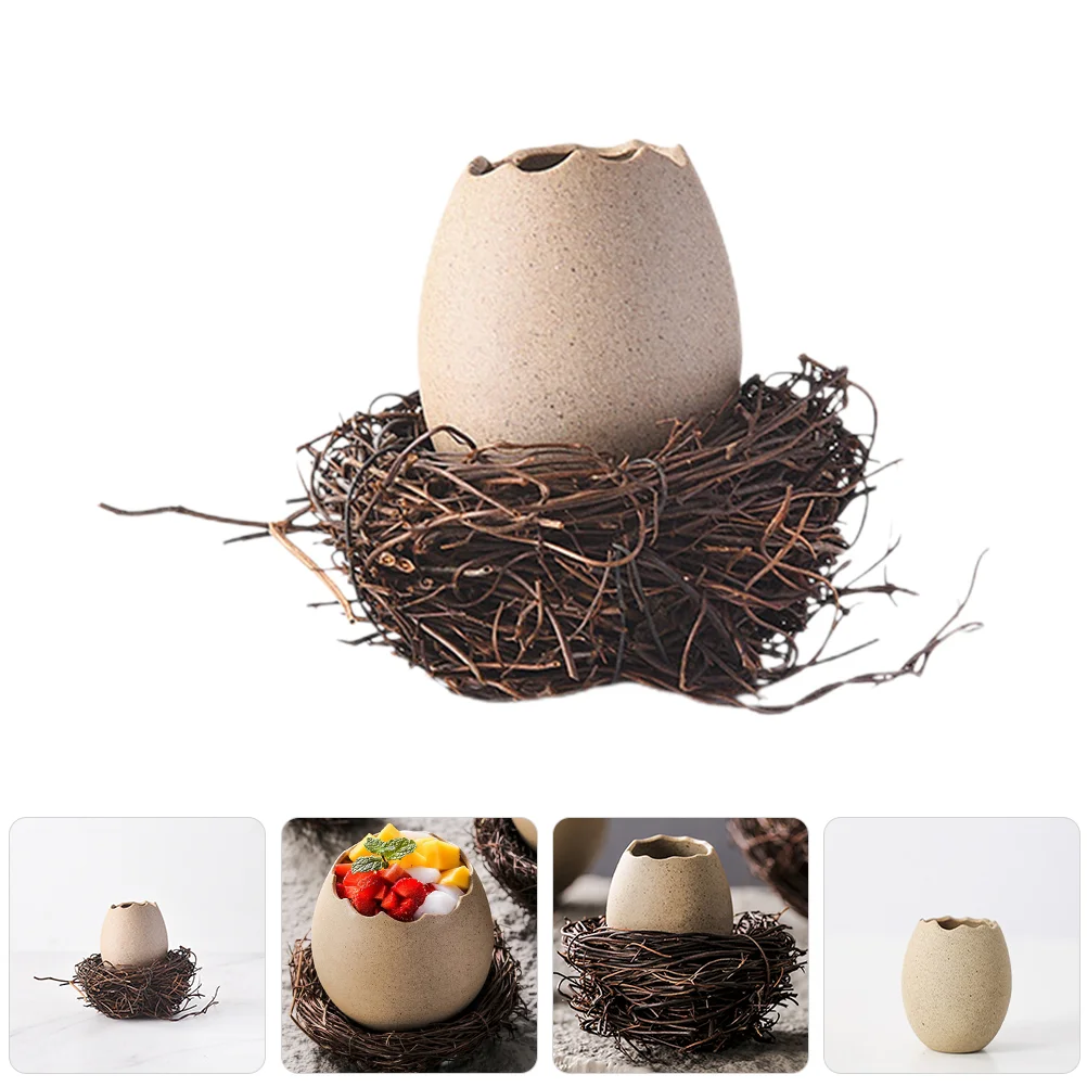 

Ceramic Bisque Hydroponic Decorative Ostrich Eggshell Bird's Nest Vase Flower Pots The Succulent Flowerpot Rattan Planter