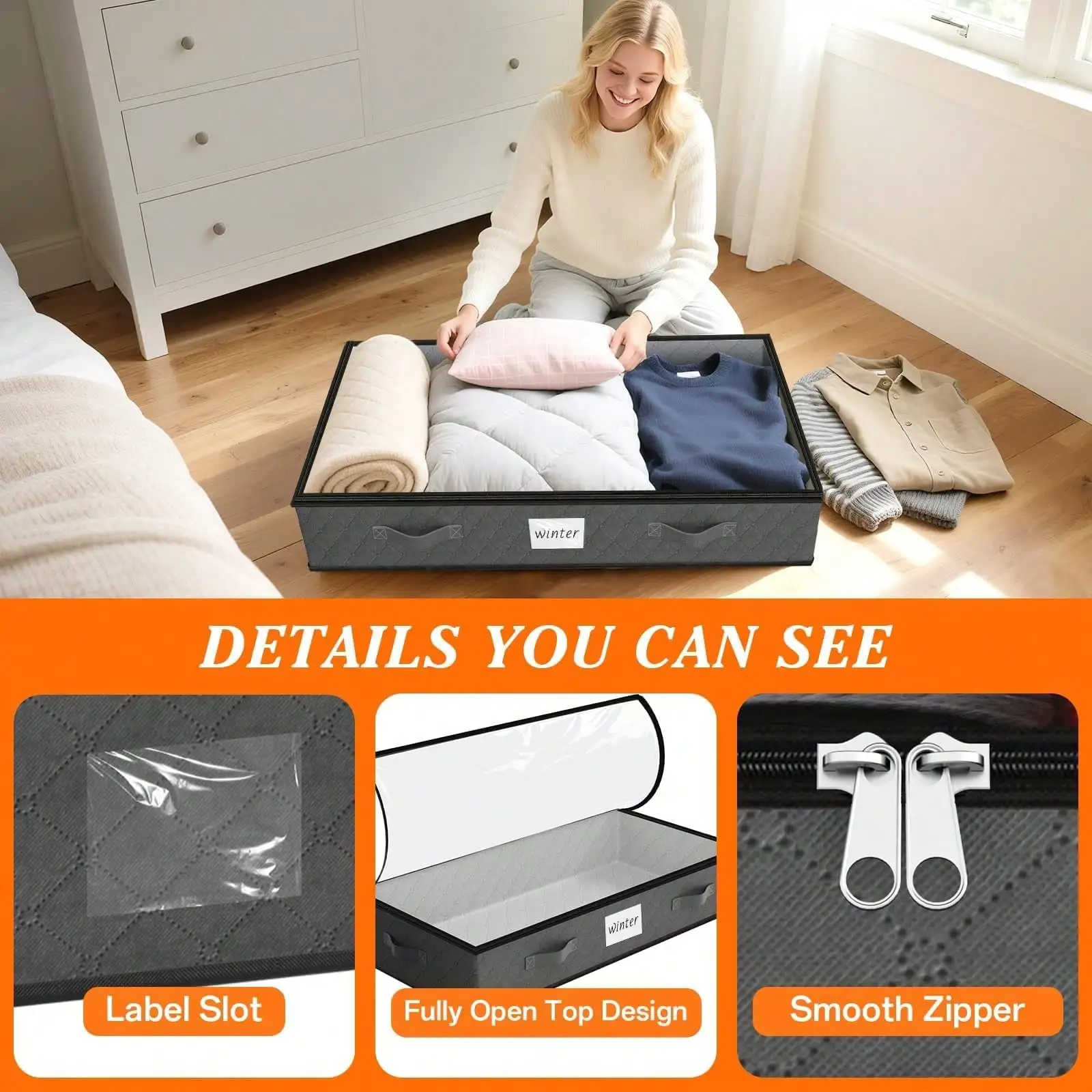 กล่องเก็บของใต้เตียง SpaceWhisper 8 ชิ้น ขนาด 90 ลิตร สีเทา - ฝาใสพับได้พร้อมช่องใส่ป้าย