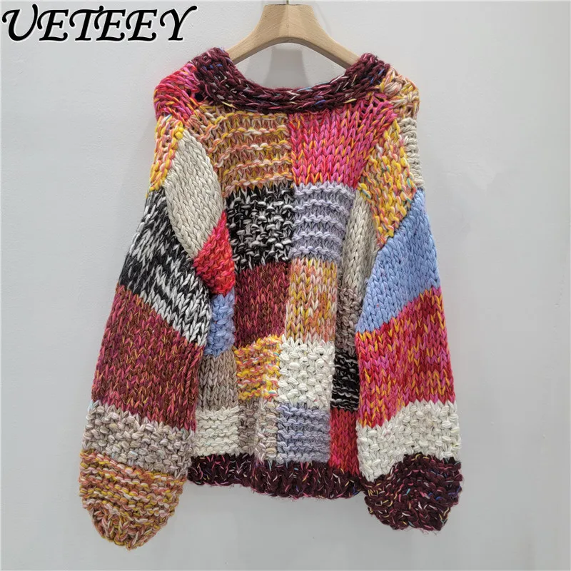 Korean Style Thick Knit Heavy Handmade Sweater Cardigan Autumn Winter New Color Contrast Vintage V-neck Loose Coat Short Top