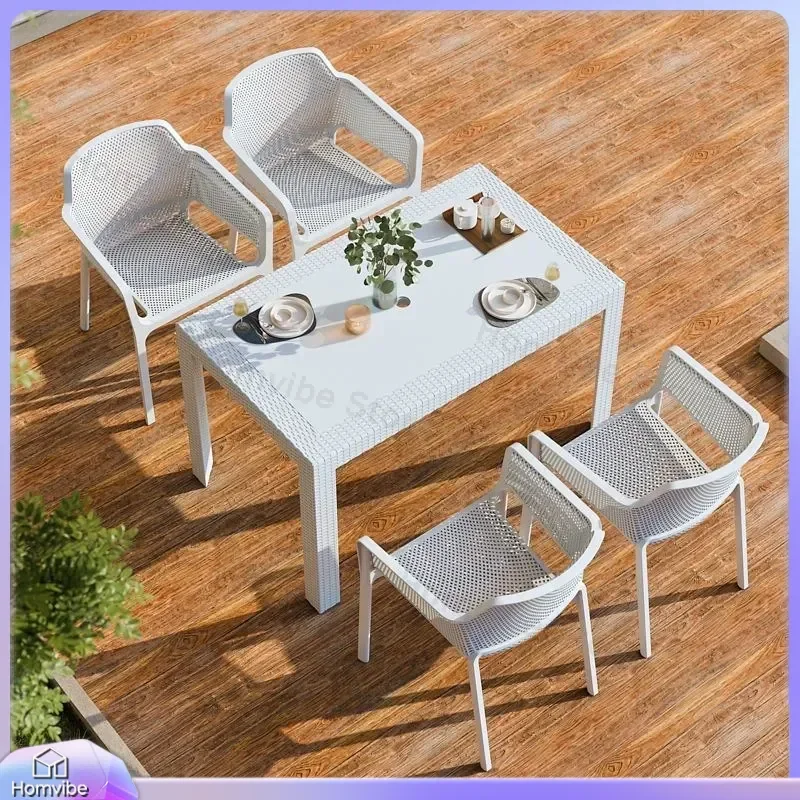 Outdoor Patio Furniture Set Plastic Imitation Rattan Table and Chairs Waterproof Sunproof Garden Terrace Dining Set for