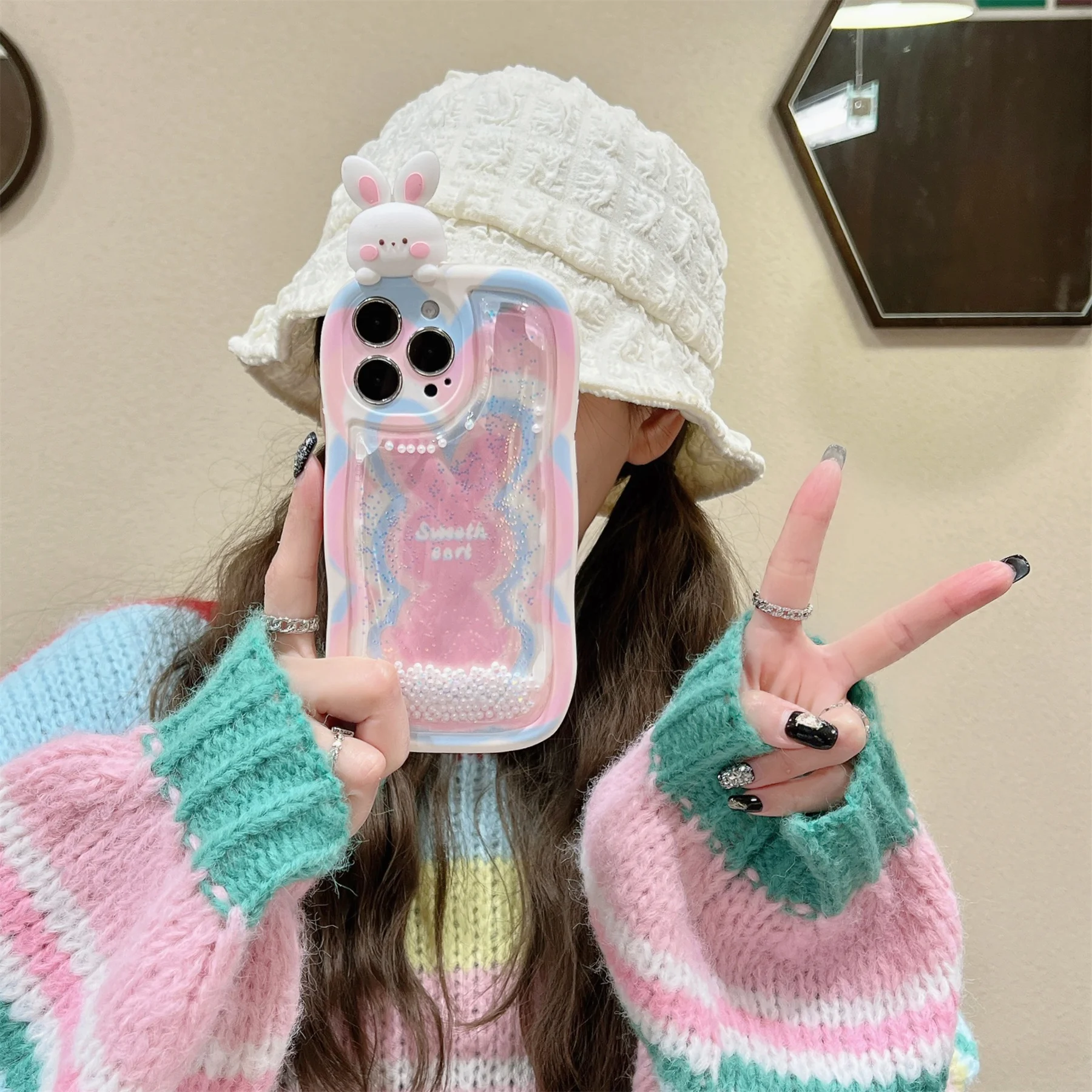 Ins Korean Fresh Flowing Sand Bag Cute Colorful Rabbit Case for iPhone 12 13 14 15 Pro Max Shockproof Back Cover Style Girl Soft