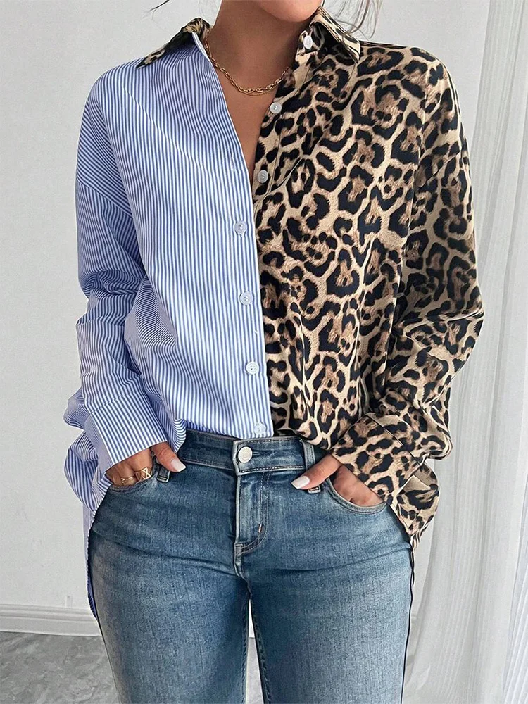 Koszula w panterkę z długim rękawem, patchworkowa, na wiosnę i jesień, luźny i nieregularny krój, uniwersalna do codziennych wyjść i pracy.