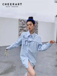 CHEERART Light Blue Cotton Desinger Shrit For Women Fall Fashion Long Sleeve Top Bow Blouse Button Up Collared Shirt Clothing