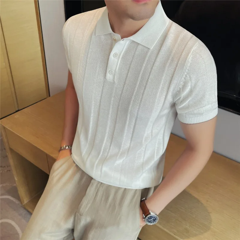Men Linen Knitted T-Shirt High Elasticity Light and Thin Breathable Short Sleeve Crew Neck Skin-Friendly Anti-Wrinkle Casual Tee
