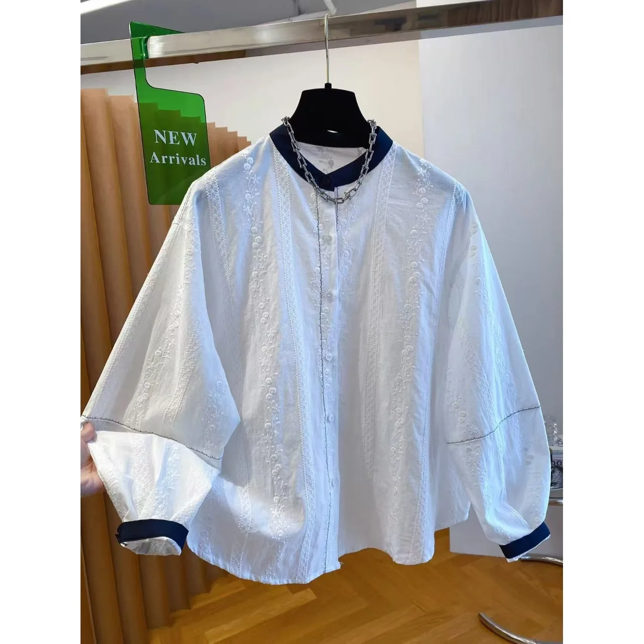 

White Embroidered round Ne Long Sve Cotton irt Women's Loose Casual Breathable Pure Cotton Top Early Autumn High End F...