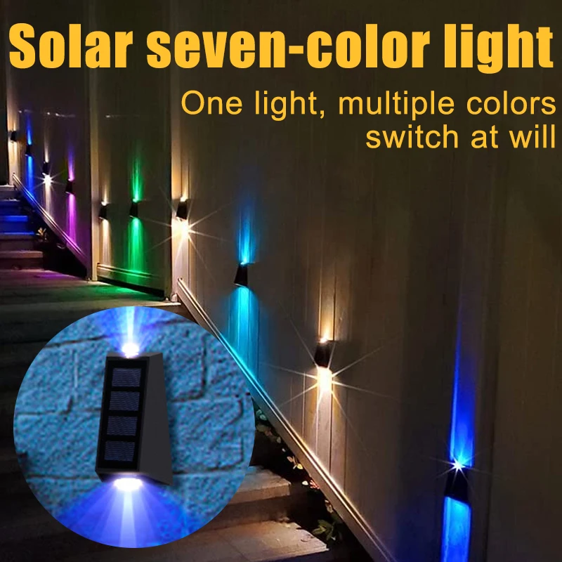 Solar Wall Lights Outdoor Garden Fence Lights LED Waterproof Solar Stair Light Up and Down 7 Color Changing Exterior Patio Lamp