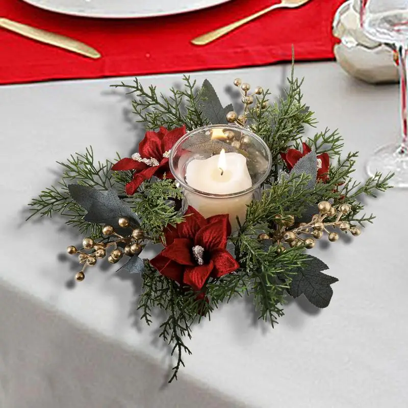 Christmas Candlestick Wreath Artificial Plants Garland Candle Ring Xmas Table Decoration Fake Leaves Wreath For Candle Holder