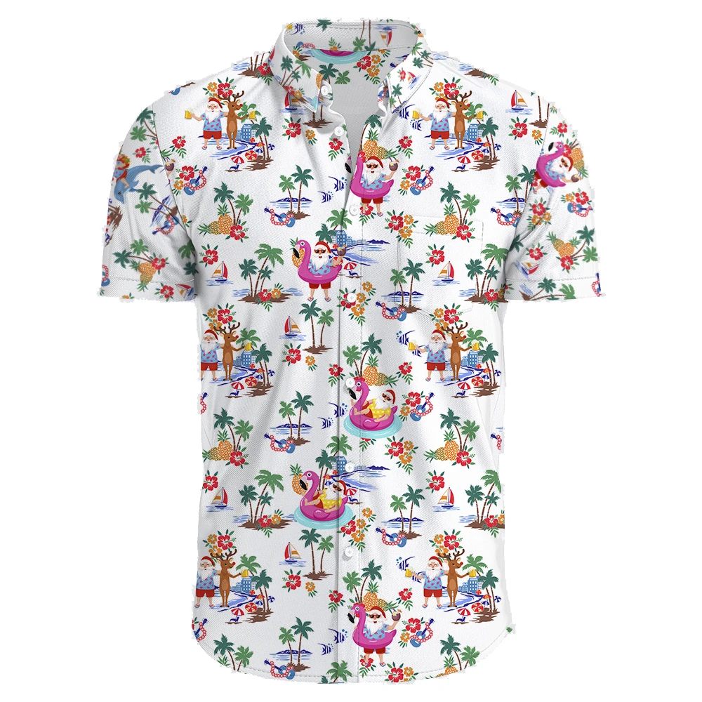 Festive Carnival Short Sleeve Hawaiian Shirt Men Christmas New Year Santa Chr Casual Tropical Plants Print Beach Aloha Shirt Men