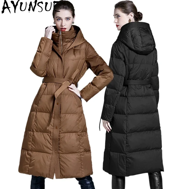 AYUNSUE White Duck Down Puffer Jacket Women Fashion Long Down Coats with Hood Winter Luxury Clothes Loose Fit 2024 Пуховики