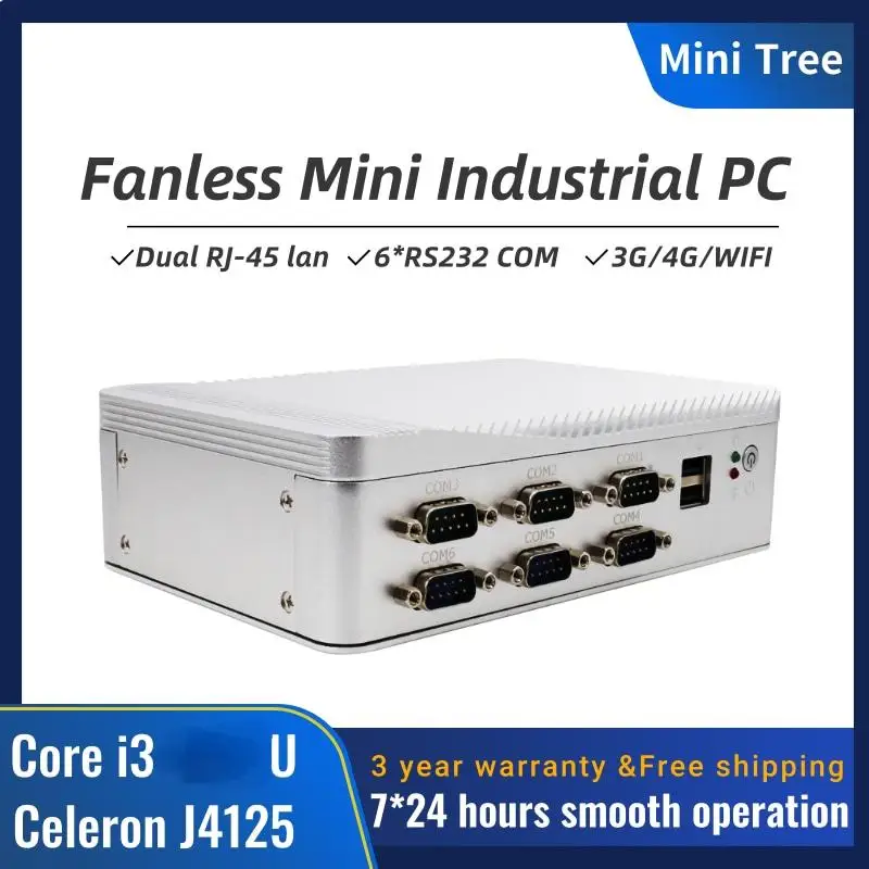 كمبيوتر صناعي صغير بدون مروحة 6xRS232 منافذ تسلسلية i3-7100U 8130U كمبيوتر مدمج للأتمتة/المراقبة والهواء