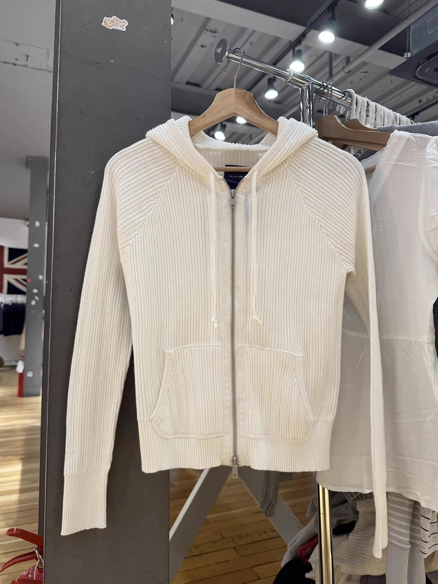 White Ribbed Sweater Cardigan Woman Autumn Double Zipper Drawstring Hooded Front Pocket Knitted Hoodie Cotton Casual Crop Tops