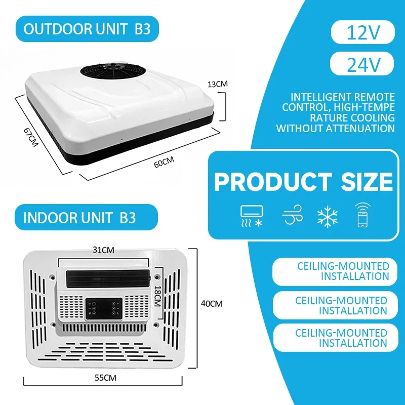 12V 24V Air Conditioner, Pure Copper Tubes Rooftop Air Conditioning, Parking Cooler for Truck, Van, Bus, RV, Motorhome, Cranes
